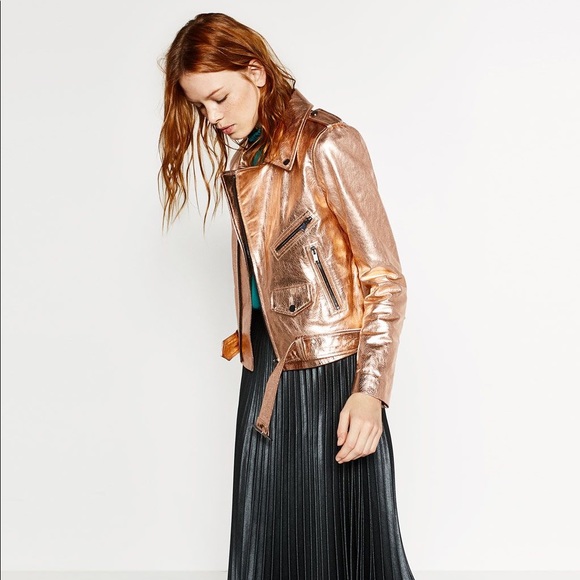 Zara Woman Metallic Rose Gold Leather Moto Jacket - Picture 8 of 16